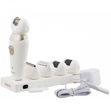 Епілятор жіночий домашній 5 в 1 Gemei GM 7005 White акумуляторний 3 Вт, 2 швидкості, LED підсвічування + бритва триммер для зони бікіні, пемза та підставка (45305 DIY)