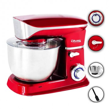 Планетарный стационарный миксер тестомес DMS 1900 Red домашний электрический на 1,9 кВт с чашей из нержавейки на 6,5 л насадка для теста венчик и лопатка