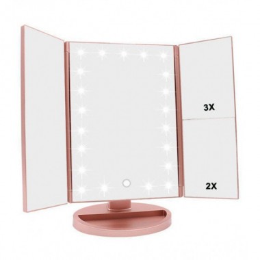 Косметическое зеркало для макияжа Superstar Magnifying Mirror Pink 22 LED трехстворчатое с боковыми зеркалами и увеличением, вращение на 180° + USB кабель (DS-974 YS)