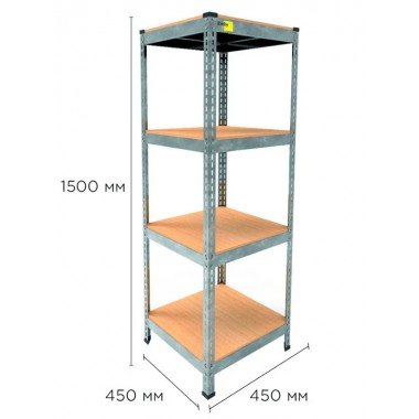Стеллаж металлический полочный MRL-1500 (450x450) Оцинкованный разборно сборный с 4 деревянными полками на балкон для дома офиса или квартиры с нагрузкой 400 кг