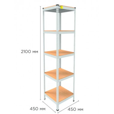 Стеллаж металлический полочный MRL-2100 (450x450) Белый разборно сборный с 5 деревянными полками на балкон для дома офиса или квартиры с нагрузкой 500 кг