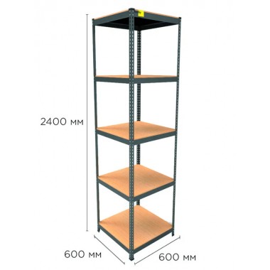 Стеллаж металлический полочный MRL-2400 (600x600) Черный разборно сборный с 5 деревянными полками на балкон для дома офиса или квартиры с нагрузкой 500 кг
