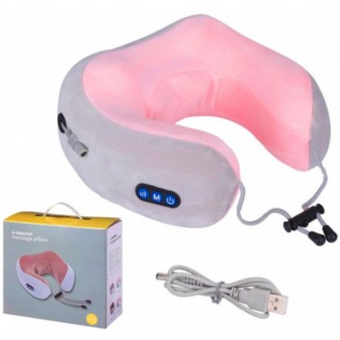 Массажная подушка для шеи U-shaped Massage Pillow портативный электрический массажер с вибрацией и разминанием Серая с розовым (48221)