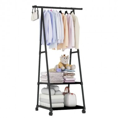 Вешалка для одежды напольная The New Coat Rack складная металлическая стойка на колесиках в прихожую на 2 полки с перекладиной