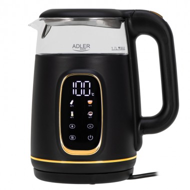 Чайник электрический стеклянный Adler AD 1305 Black-Gold 2.2 кВт дисковый с контролем температуры и LED дисплеем 1,7 л