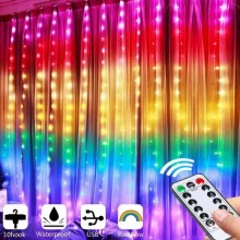 Светодиодная новогодняя разноцветная гирлянда штора LTL 300 LED капля росы бахрома 3 х 3 м питание от USB с пультом