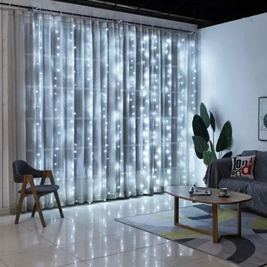 Світлодіодна новорічна гірлянда штора LTL Крапля роси 300 LED бахрома 3 х 3 м живлення від USB з пультом холодне біле світло