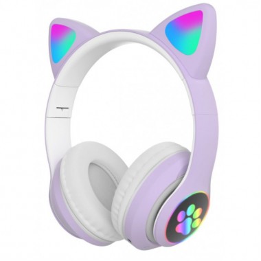 Беспроводные Bluetooth наушники для телефона и компьютера с микрофоном Cat VZV-23M с кошачьими ушками и подсветкой для андроид и IOS выход 3,5 мм Фиолетовые (48435)