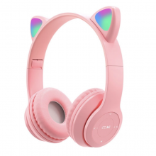 Беспроводные детские наушники с кошачьими ушками и RGB подсветкой Cat Ear P47M Розовые для телефона и компьютера с микрофоном USB зарядка FM-радио microSD