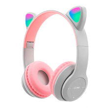 Беспроводные детские наушники с кошачьими ушками и RGB подсветкой Cat Ear P47M Серые для телефона и компьютера с микрофоном USB зарядка FM-радио microSD