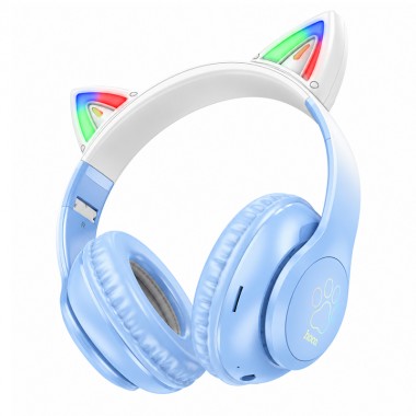 Бездротові навушники HOCO W42 Cat Ears Bluetooth 5.3 з котячими вушками LED TF AUX Блакитні з білим