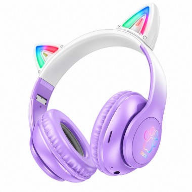 Наушники HOCO W42 Cat Ears беспроводные Bluetooth 5.3 с LED-подсветкой, кошачьими ушками, TF и AUX Фиолетово-белые