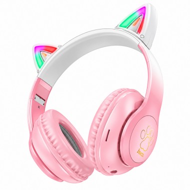 Беспроводные Bluetooth наушники HOCO W42 Cat Ears с LED-подсветкой, кошачьими ушками, TF и AUX Розово-белые