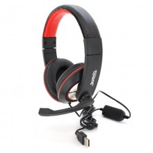 Проводные игровые накладные наушники с микрофоном Jedel HU-728 USB игровая гарнитура для компьютера и ноутбука Чёрные с красным (48819)