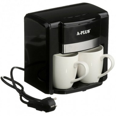Кофемашина для дома A-PLUS 1549 Black 0,5 кВт капельная кофеварка на 0,3 л для кофе и чая на 2 порции с многоразовым фильтром и противокапельной системой + 2 чашки