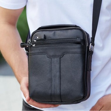 Мужская кожаная сумка-барсетка через плечо Tiding Bag 73957 черная 21×25×6 мессенджер с ремнем и ручкой