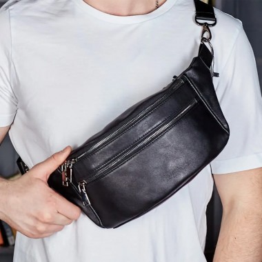 Мужская бананка из натуральной кожи Tiding Bag NM-50358 черная, нагрудная сумка для телефона 25×14×10 см