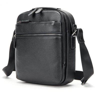 Мужская сумка мессенджер кожаная Tiding Bag 711511 черная 23×26×8 — вместительная барсетка через плечо