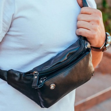 Компактная мужская бананка из натуральной кожи Tidin Bag 16431 черная, поясная сумка для телефона 24×12×8 см