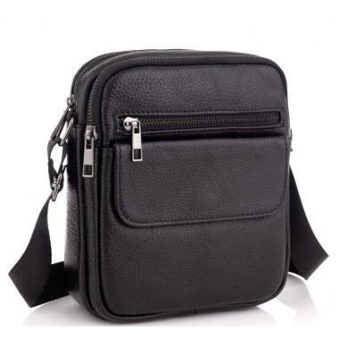 Кожаная мужская сумка планшет через плечо Tiding Bag 4134A черная 17×21×5 — компактная барсетка мессенджер для документов