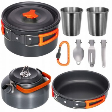 Набор туристической посуды Camping cooking DM 308 для походов кемпинга и путешествий с сумкой Черный с оранжевым