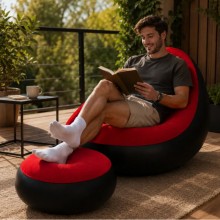 Надувное кресло A-Sofa 2в1 с пуфиком для ног до 150 кг с насосом флокированное для дома кемпинга и отдыха Черно-красное Надувное кресло A-Sofa 2в1 с пуфиком для ног до 150 кг с насосом флокированное для дома кемпинга и отдыха Черно-красное