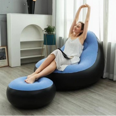 Надувное кресло-диван A-Sofa с пуфом для ног до 150 кг с насосом мягкое велюровое для дома и отдыха Черно-голубое