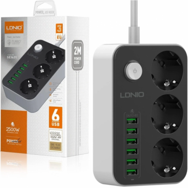 Сетевой фильтр удлинитель с выключателем и заземлением LDNIO SE3631 2500W 10A с 3 розетками 6 USB с быстрой зарядкой 3.4 A длина кабеля 2 м