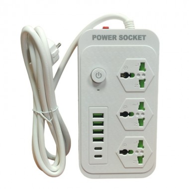 Сетевой фильтр удлинитель с выключателем и заземлением Power Socket J07 на 3 розетки + 4 USB 3.4A и 2 Type-C Белый